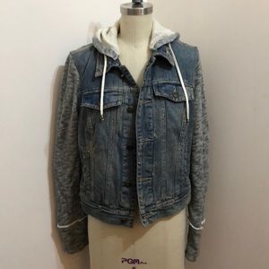Free people denim jacket with knit sleeves / hood